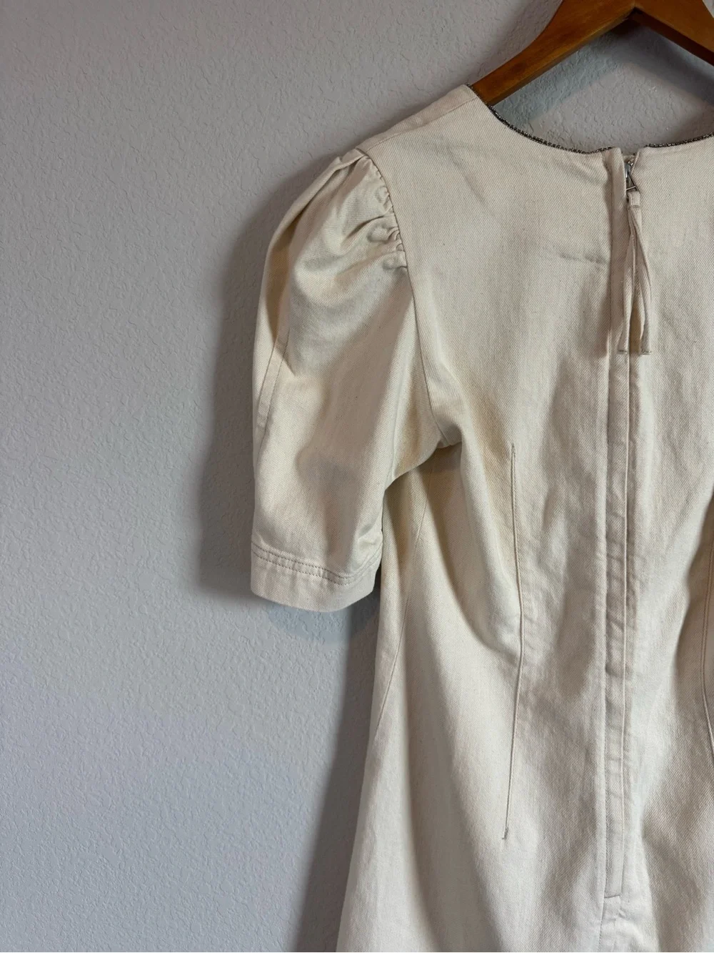 Something Navy Beige Spencer Denim Embellished Puff Sleeve Mini Dress Size M - Picture 9 of 10